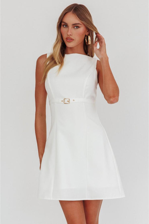 Willow White Boat Neck Belted Mini Dress