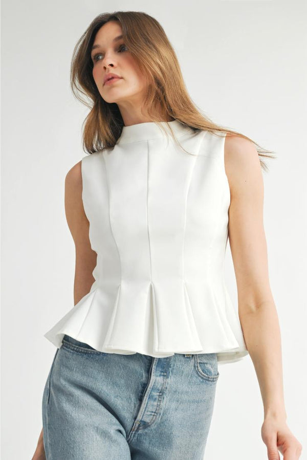 Johanna Sleeveless Pleated Peplum Top - White