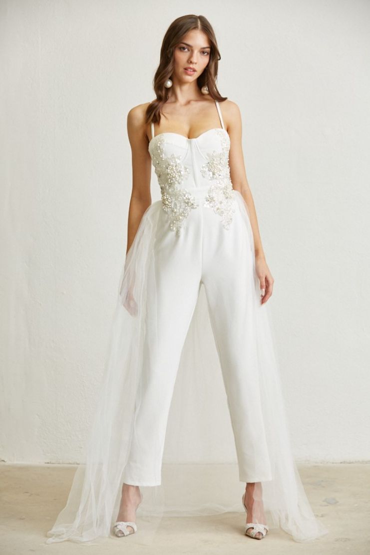 Future Mrs. Pearl & Sequin White Tulle Jumpsuit