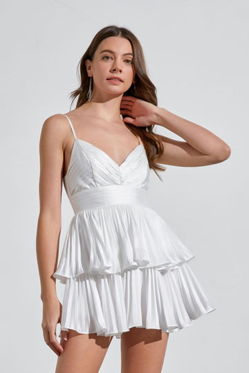 Marilyn White Pleated Mini Romper Dress