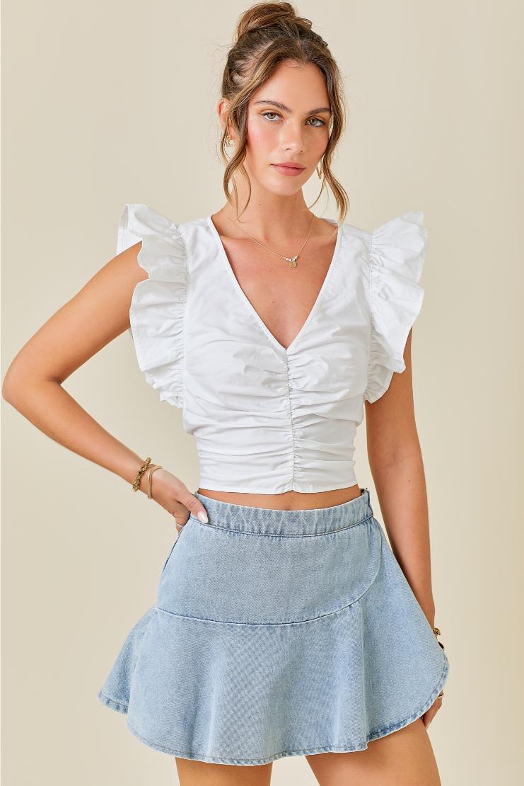 Becca Ruched Flutter Sleeve Cropped Top - White
