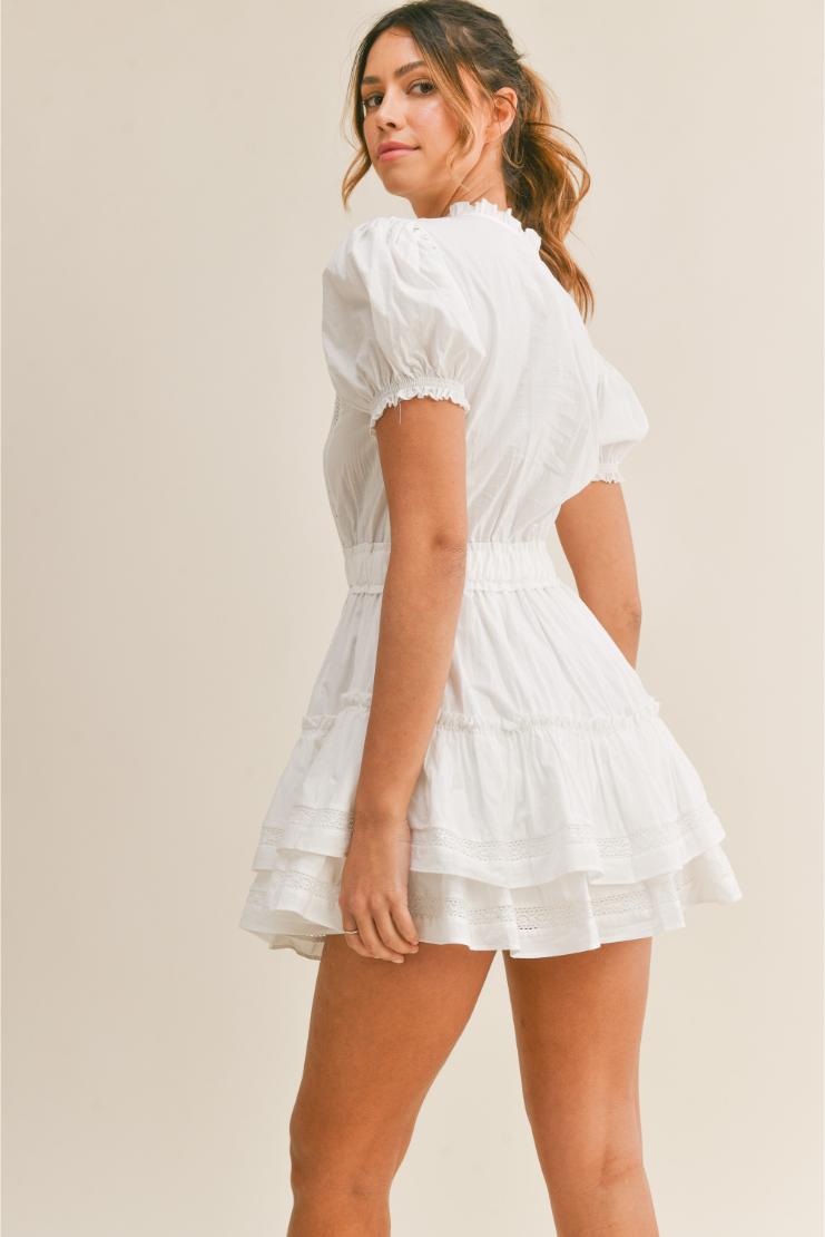 Allie Lace Detail Ruffle Tiered Mini Dress - White