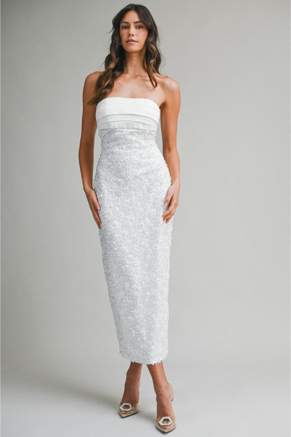Vera Strapless Beaded Bodycon Midi Dress - White