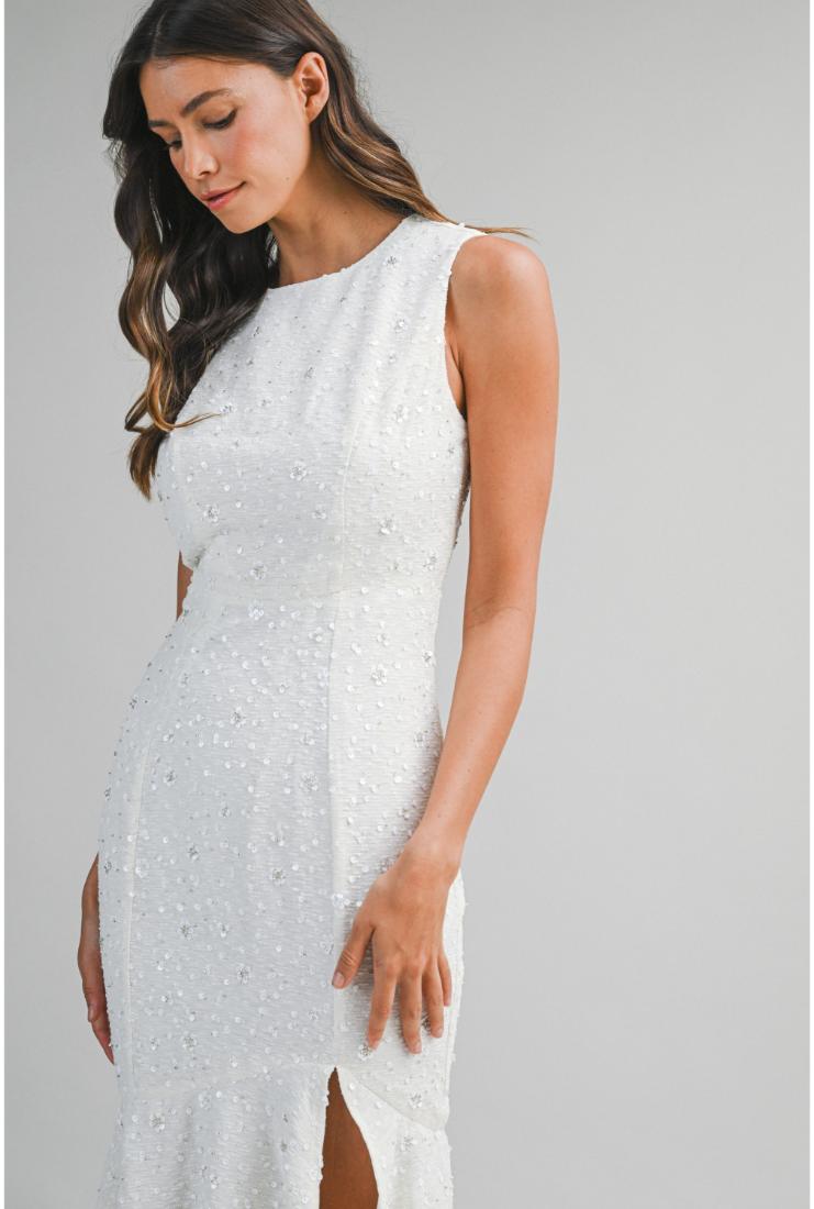 mermaid hem midi dress Women's Whitney Beaded Sequin Mermaid Hem Midi Dress - White In Size Medium