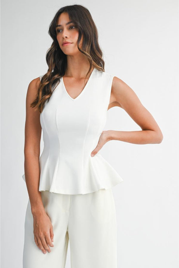 Kayla Sleeveless V-Neck Peplum Top - White
