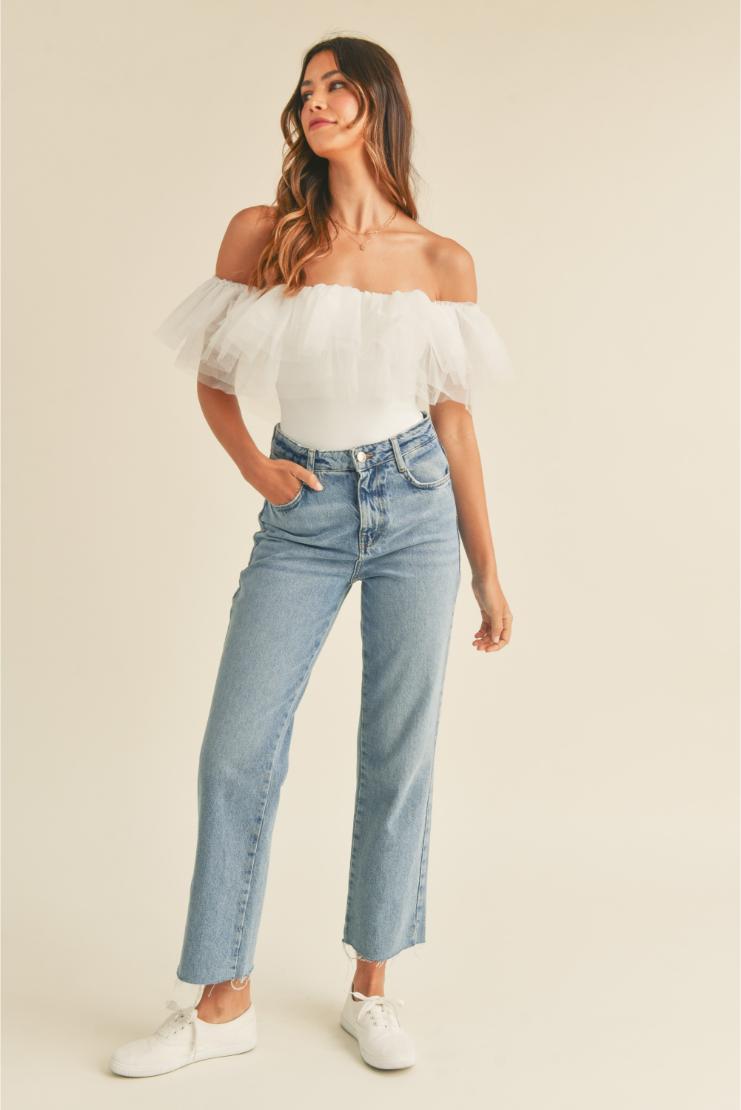 Tulle You'll Be Mine Off The Shoulder Bodysuit - White