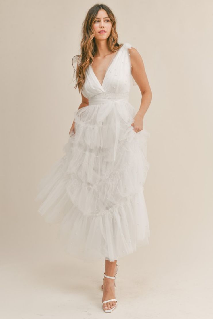 Carmella White Tiered Tulle Maxi Dress