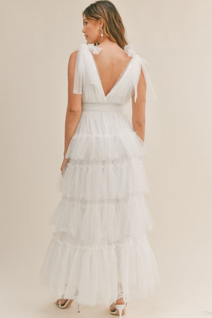 Carmella White Tiered Tulle Maxi Dress