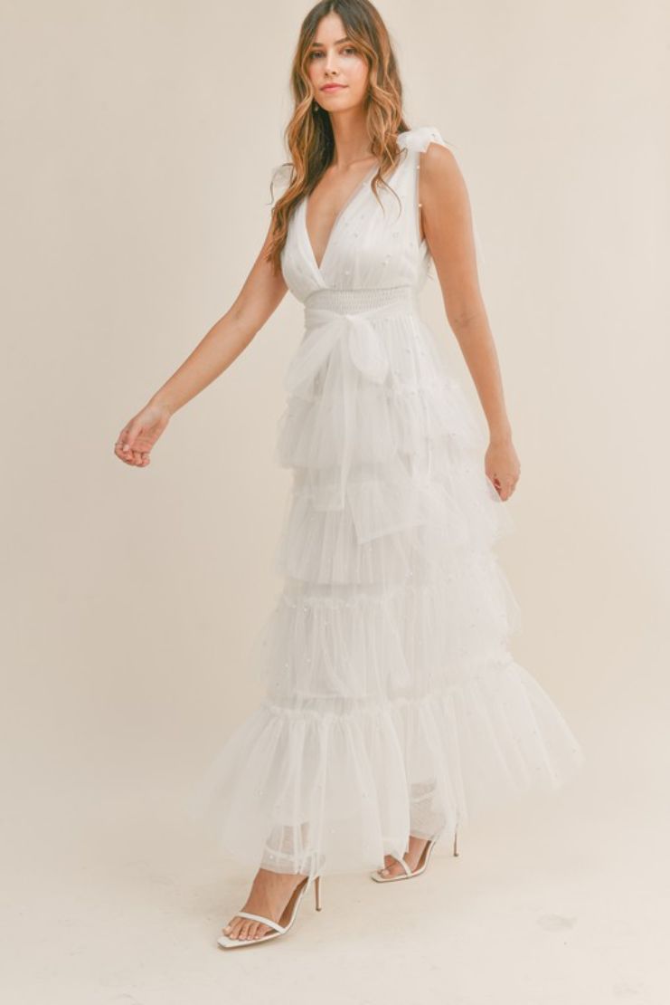 Women's Carmella White Tiered Tulle Maxi Dress in Size Small - Pippa & Pearl