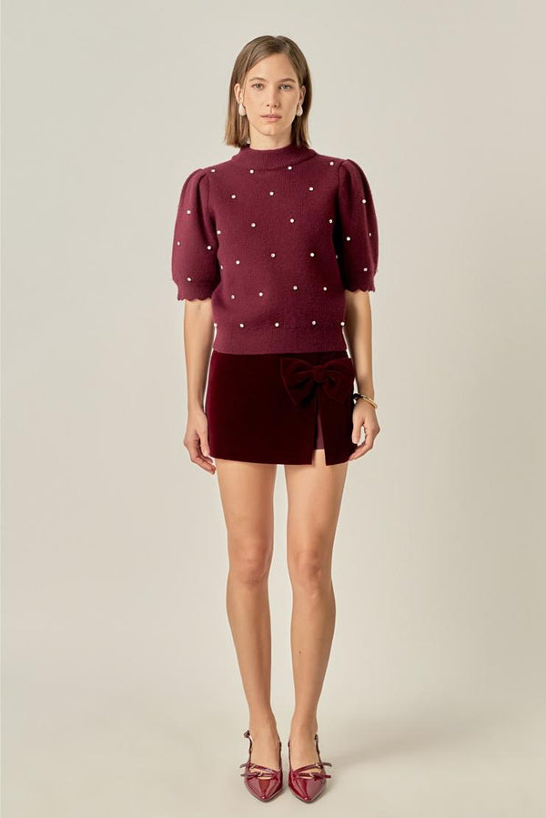 Brielle Velvet Bow Detail Mini Skort - Wine