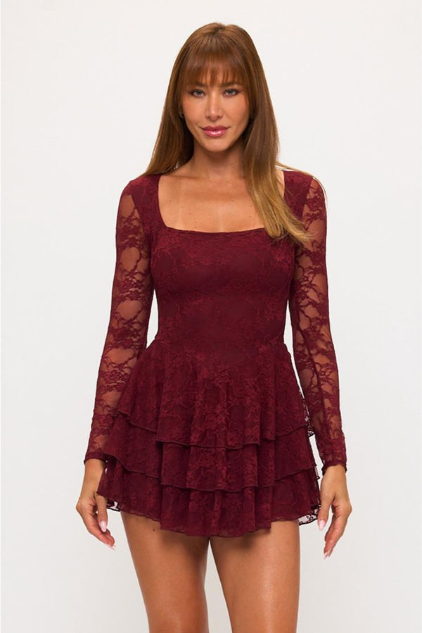 Mia Lace Long Sleeve Ruffled Mini Dress - Wine