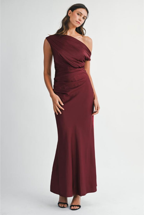 Stella Satin Draped On Shoulder Maxi Dress