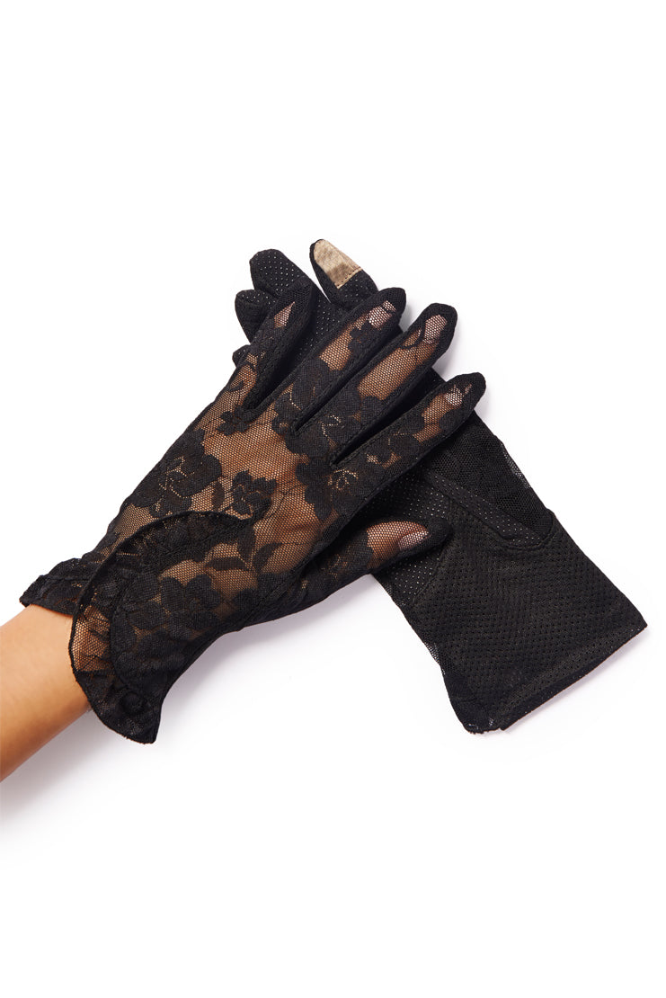 Women's Lacey Black Floral Overlay Lace Gloves - Black In Size One Size