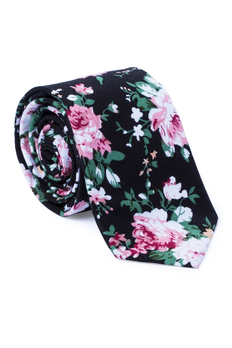 Arthur Floral Print Neck Tie - Black & Pink