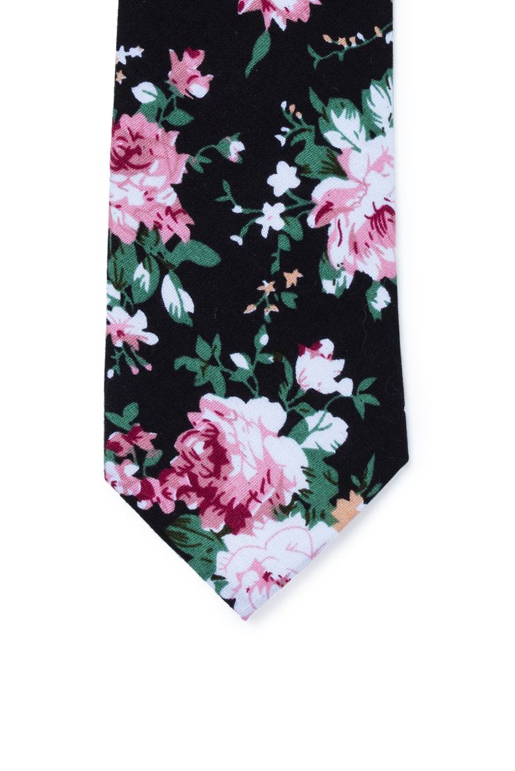 Arthur Floral Print Neck Tie - Black & Pink