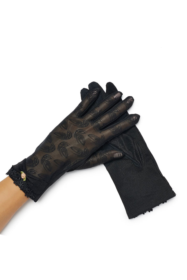 Emmie Rose Black Roses Sheer Tea Time Gloves - Black