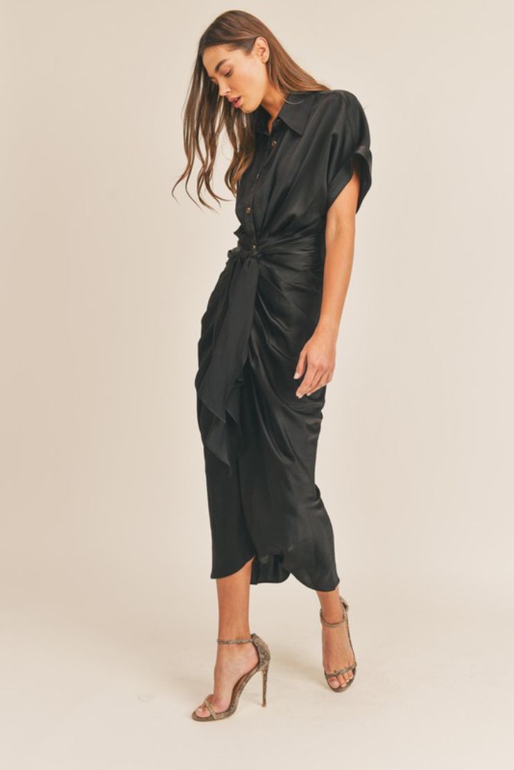 Rebecca Satin Button Up Shirt Dress Maxi - Black