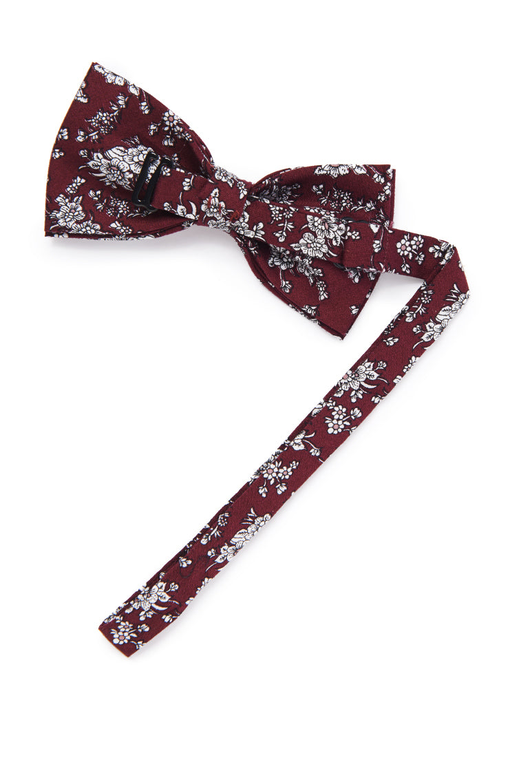 Vintage Floral Sketched Bow Tie - Burgundy & White