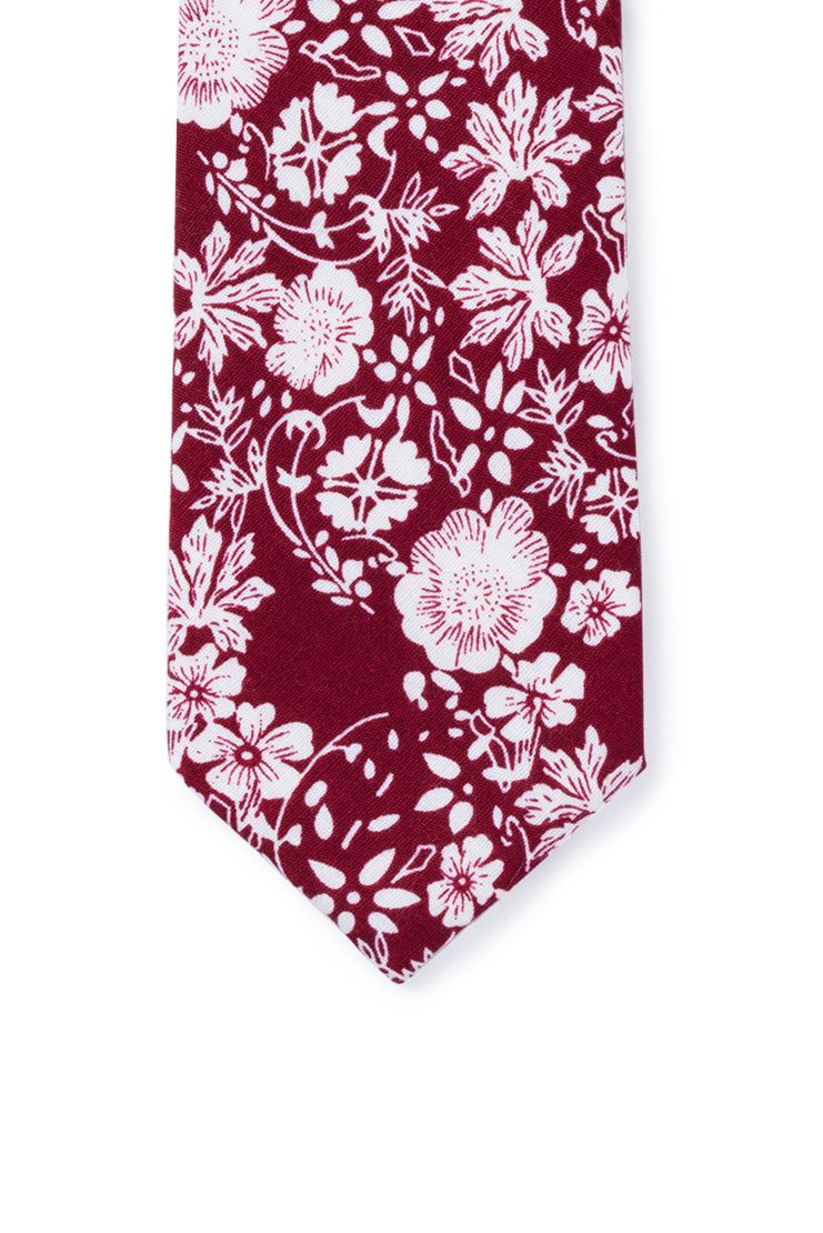 Edmond Floral Print Neck Tie - Burgundy & White