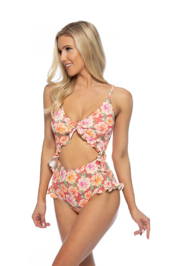 Daisy Floral Ruffle Trimmed Cut-out One-Piece Swimsuit