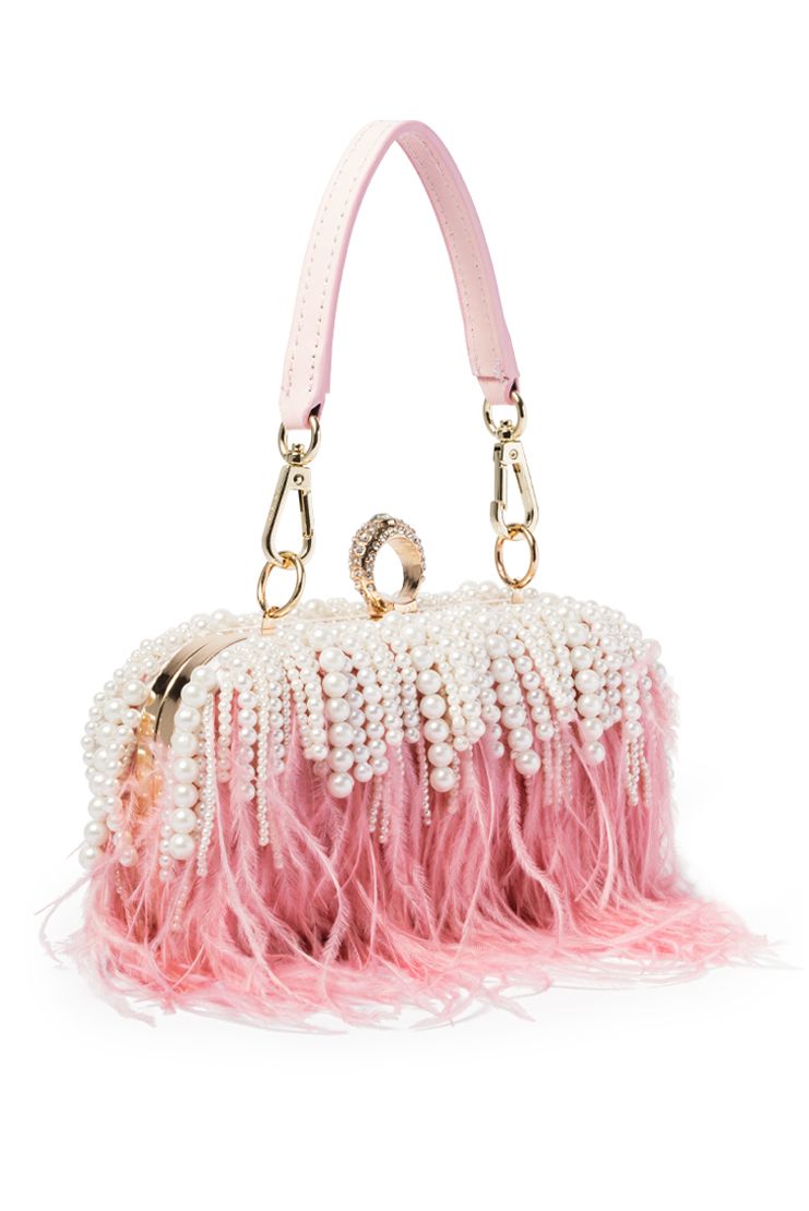 Feather & Waterfall Pearl Clutch - Mauve Pink