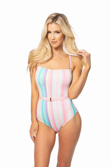 Carrie Pastel Striped Belted One-Piece Swimsuit