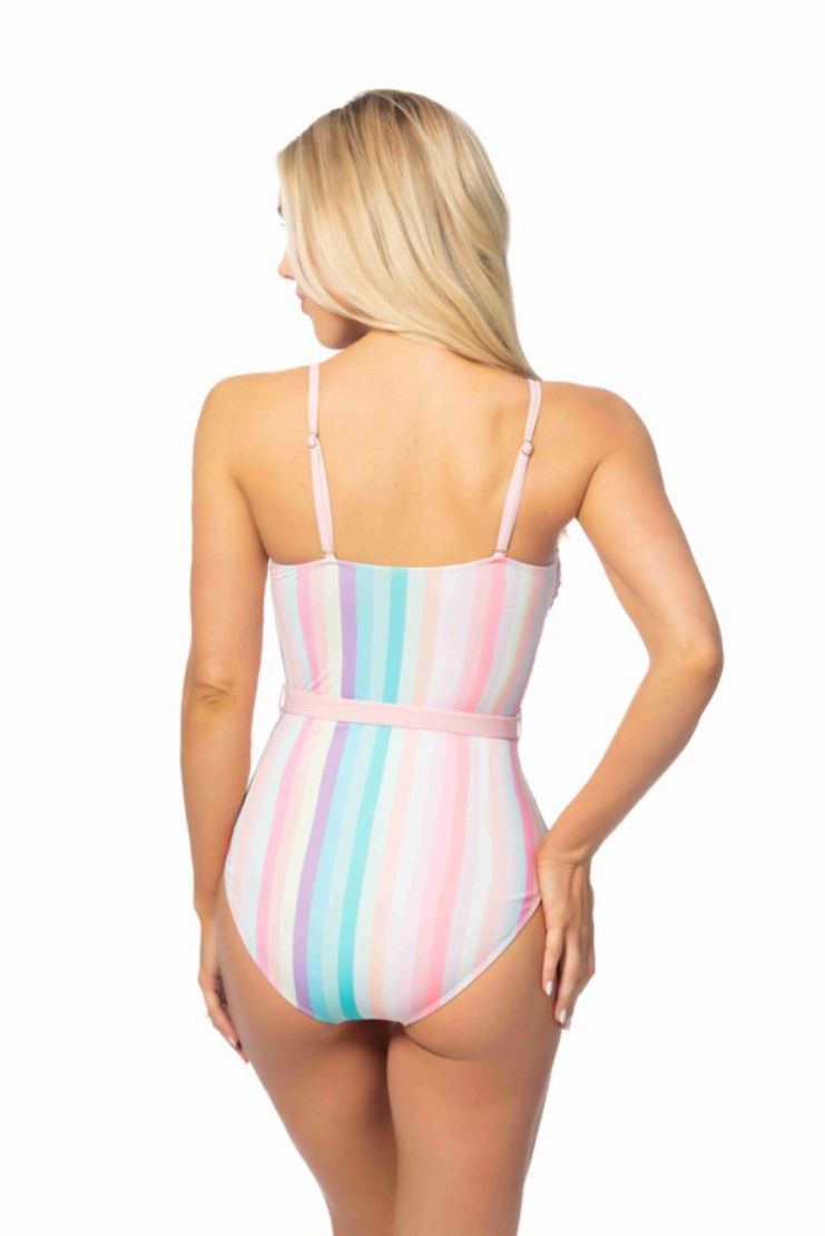 Carrie Pastel Striped Belted One-Piece Swimsuit