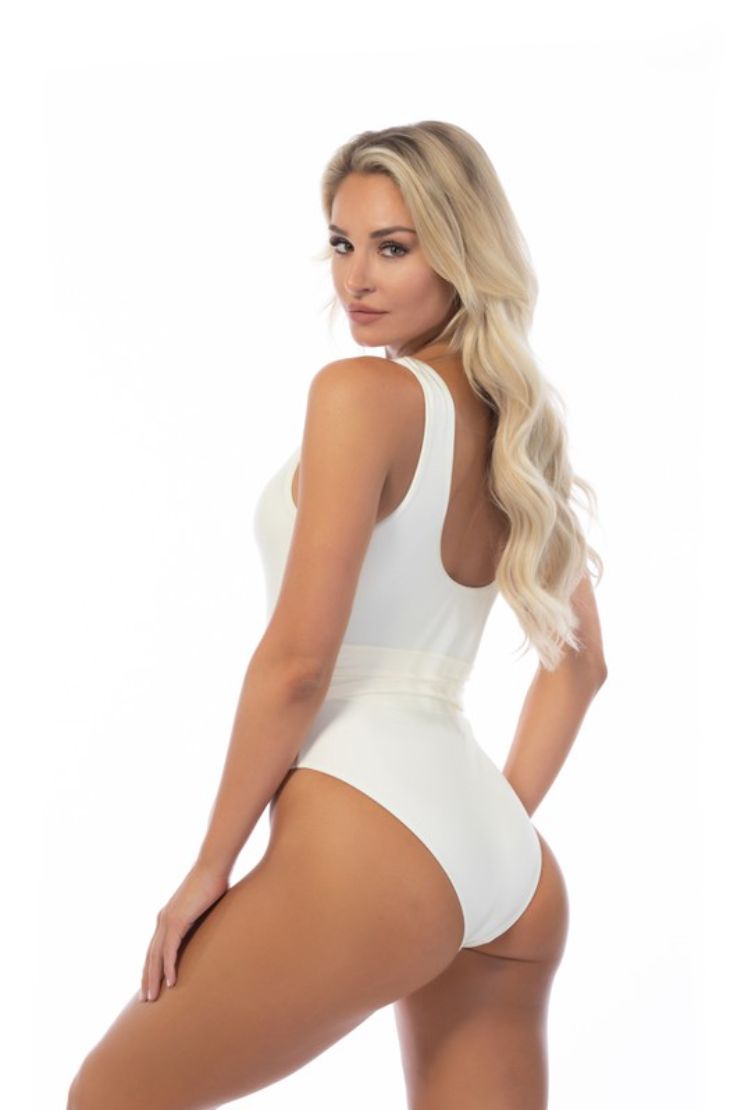 Belted One Piece Swim Suit - Pearl