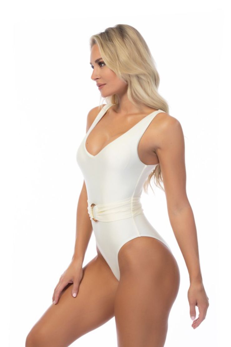 Belted One Piece Swim Suit - Pearl