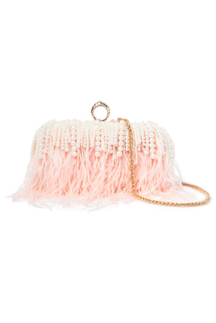 Feather & Waterfall Pearl Clutch - Pink