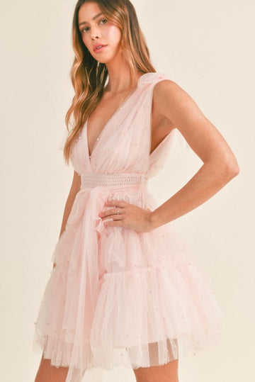 Sophia Pearl Tiered Tulle Mini Dress - Pink