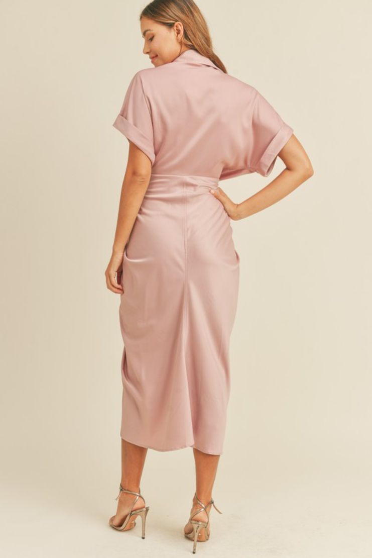 Rebecca Satin Button Up Shirt Dress Maxi - Blush Pink