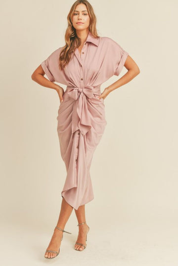 Rebecca Satin Button Up Shirt Dress Maxi - Blush Pink