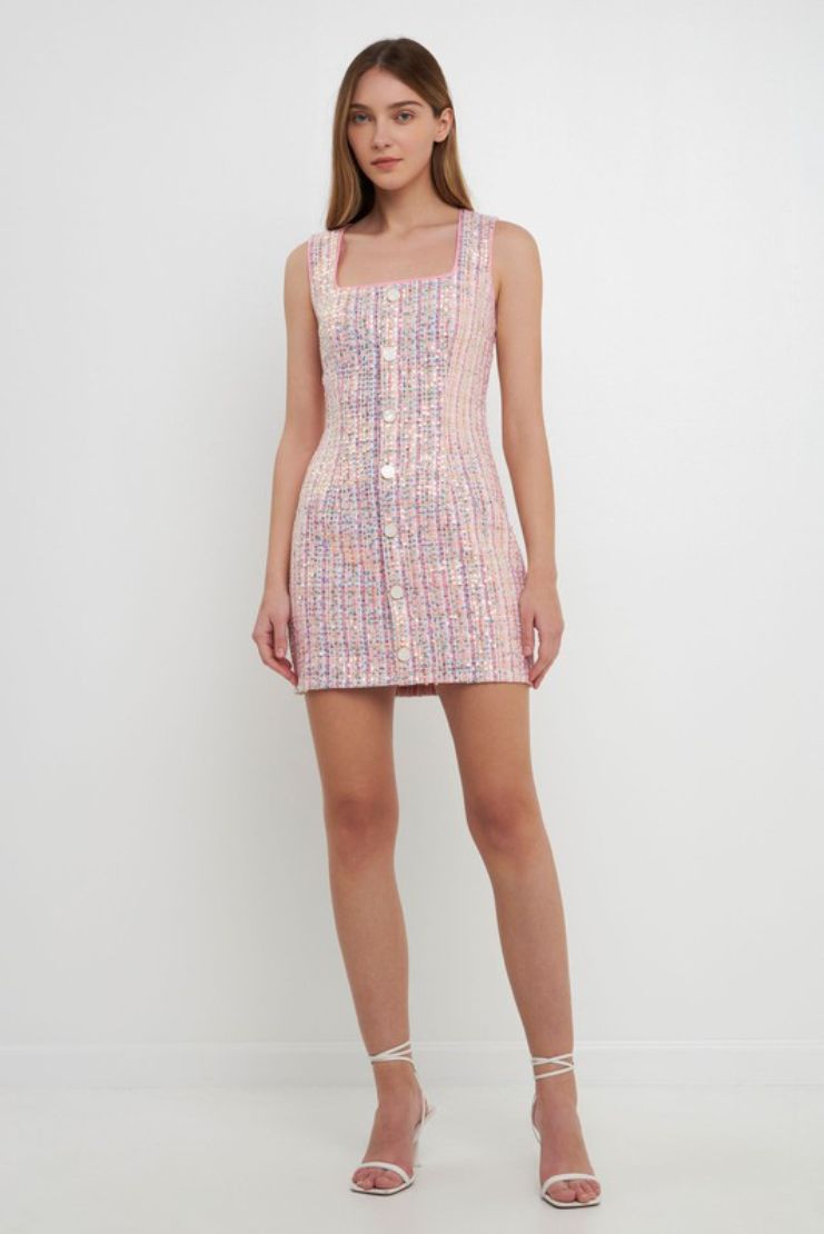 Libby Pink Sequin Tweed Shift Dress