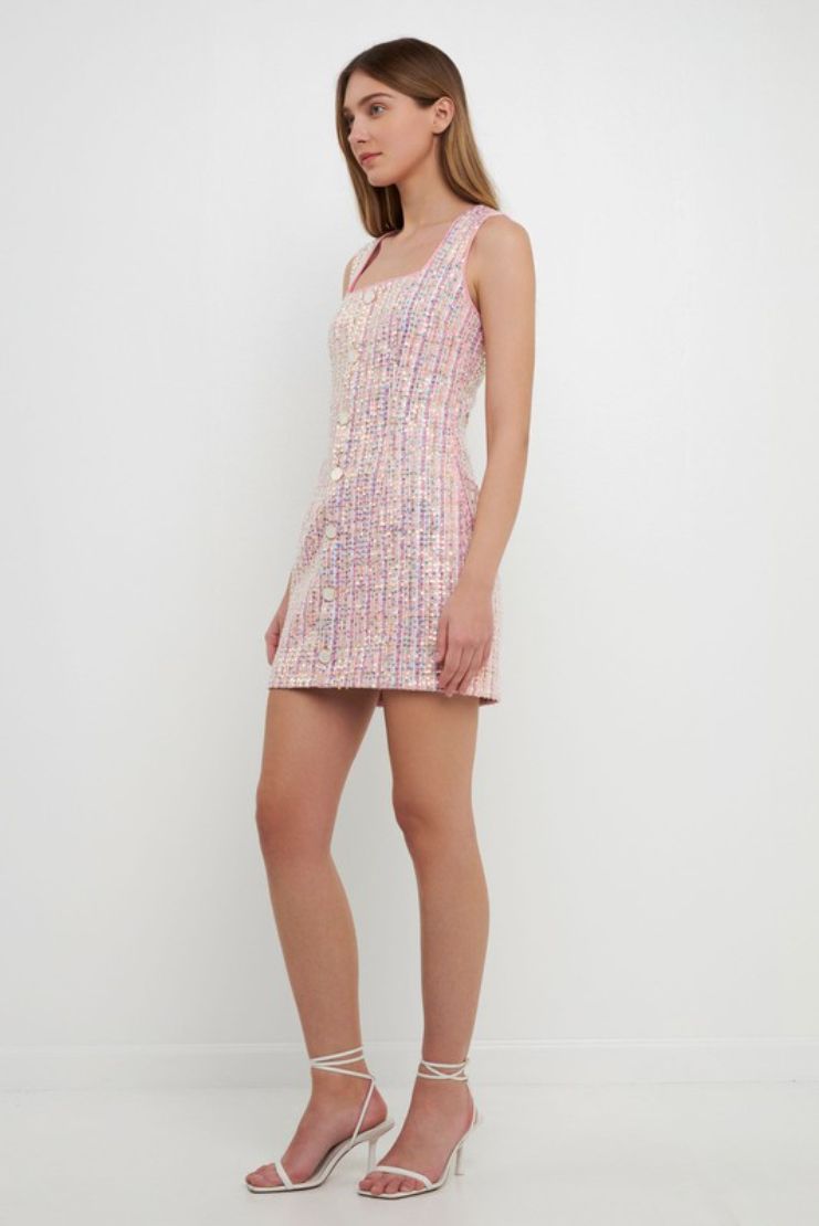 Libby Tweed Shift Dress - Pink Sequin