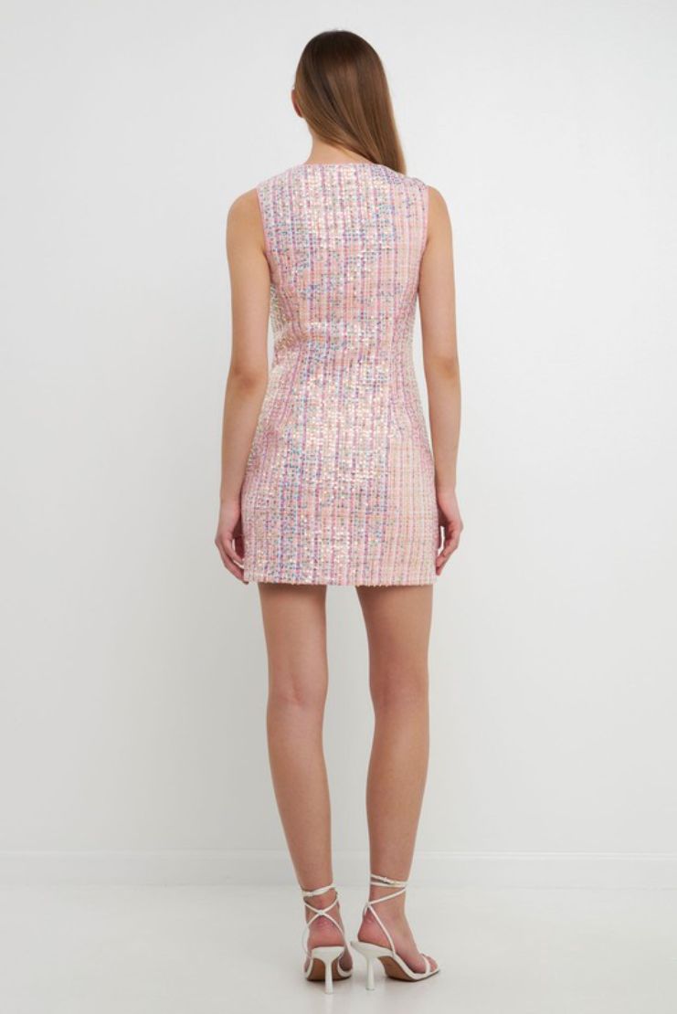 Libby Tweed Shift Dress - Pink Sequin