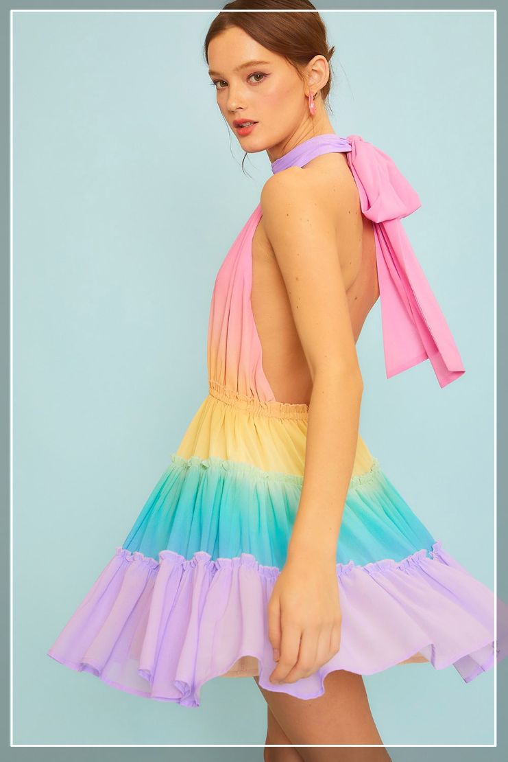 Hailey Rainbow Ombre Tiered Halter Mini Dress
