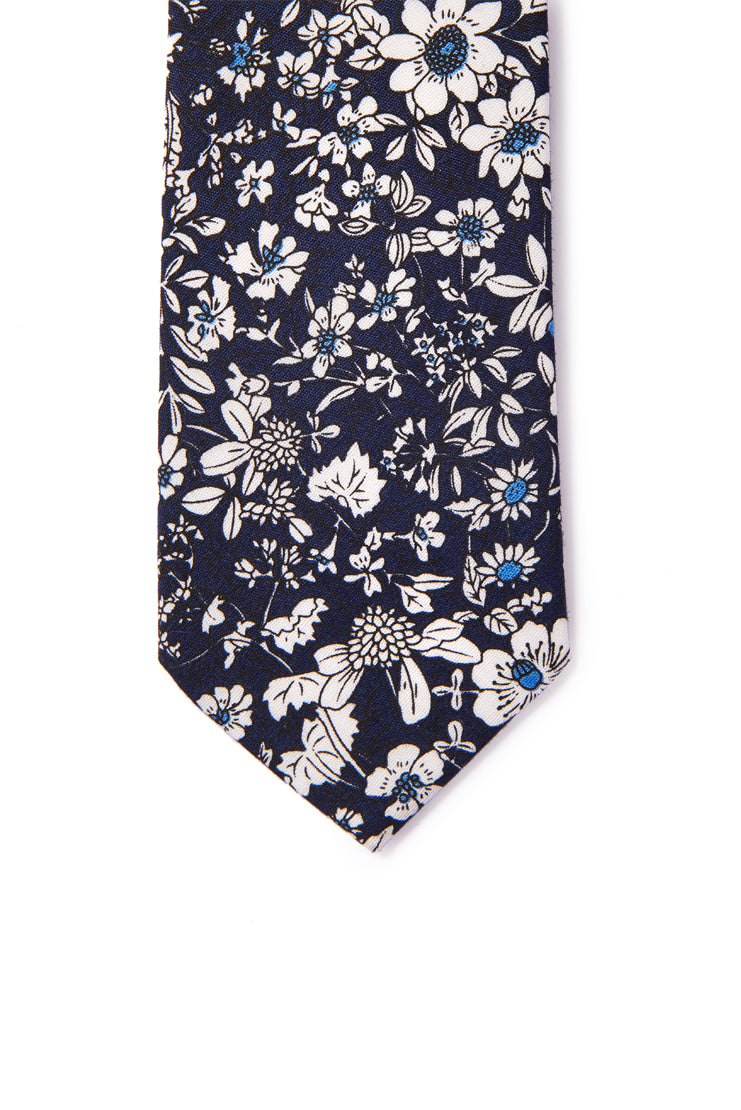 Rainier Floral Print Neck Tie - Navy Blue