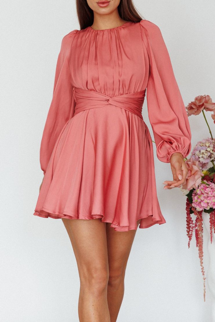 Serena Long Sleeve Satin Mini - Rose Pink