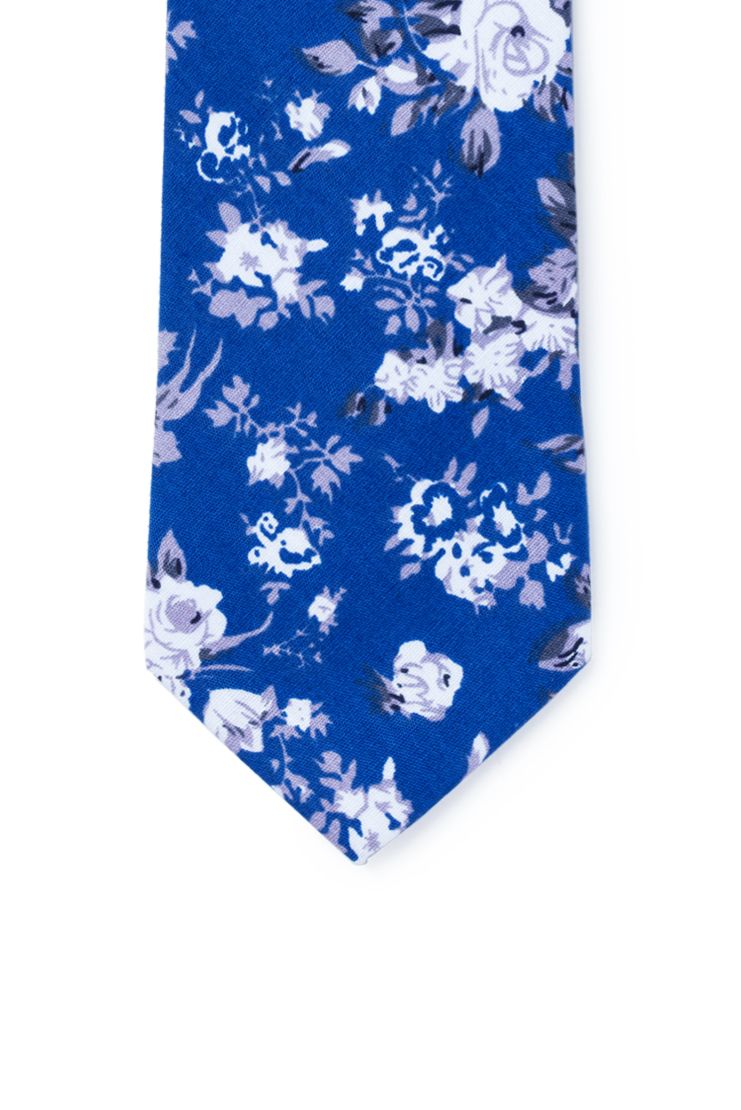 Alfred Floral Print Neck Tie - Royal Blue & White