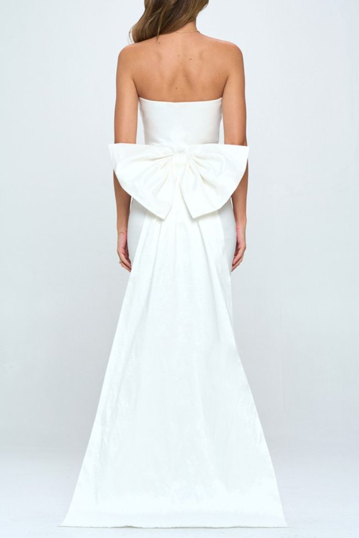 Pre- Order Only! (April 30th) - Mrs. Show Stopper Ruched Mini Dress with Detachable Back Bow - White