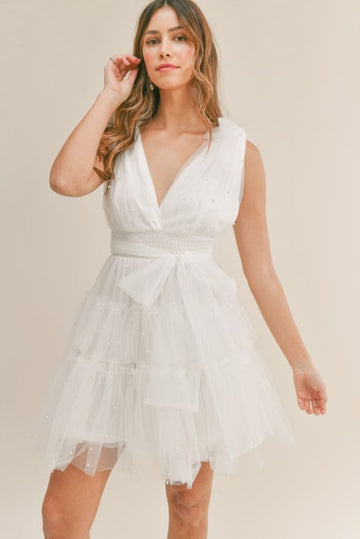 Sophia Pearl Tiered Tulle Mini Dress - White