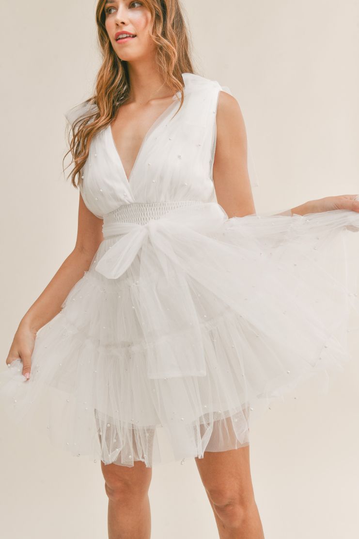 Sophia Pearl Tiered Tulle Mini Dress - White