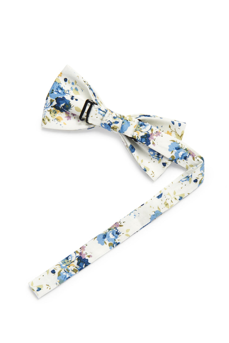 Shabby Chic Floral Bow Tie - Ivory/Royal Blue