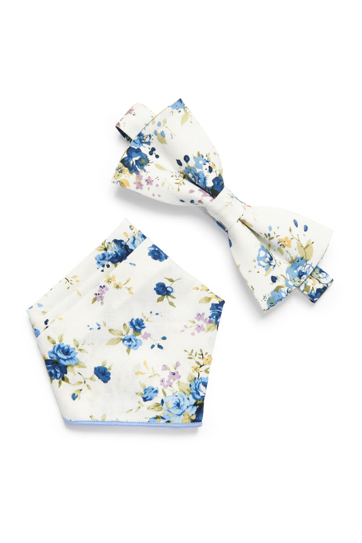 Shabby Chic Floral Bow Tie - Ivory/Royal Blue